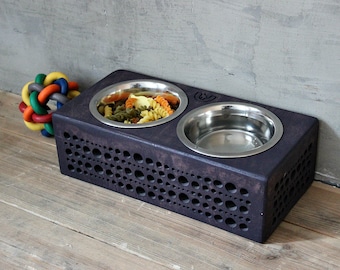 Handmade Elevated Double Dog Bowl: Modern Plywood Stand, Stainless Steel Bowls