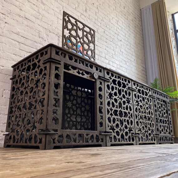 Medium Size Dog Kennel For 2 Dogs - Handmade Plywood Indoor Dog Crate with Oriental Star Pattern Panels