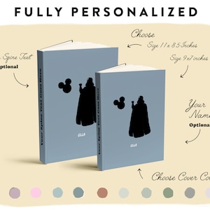 May include: Two personalized blue hardcover books with a silhouette of Darth Vader holding a Mickey Mouse balloon. The books are available in two sizes: 11 x 8.5 inches and 9 x 7 inches. The spine text and name can be customized. Choose from a variety of cover colors.