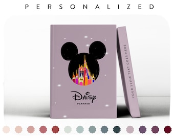 May include: A purple planner with a Mickey Mouse silhouette and the text "Daisy Planner" on the front. The silhouette has a colorful image of Cinderella's castle inside.