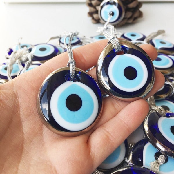 5 pcs silver evil eye beads, evil eye charm, blue glass evil eye beads, unique wedding favors, greek wedding favors, silver wedding theme