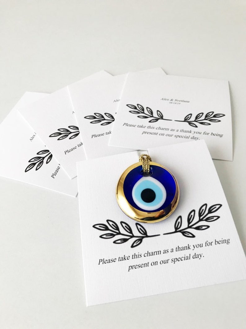 Wedding favors for guests, 100 pc, gold evil eye beads, evil eye wedding favor, greek wedding favors, blue evil eye favor, personalized card image 7