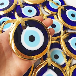 Turkish evil eye bead, gold evil eye bead, 7cm gold evil eye bead, evil eye wall hanging, large evil eye, blue glass bead, home decor amulet