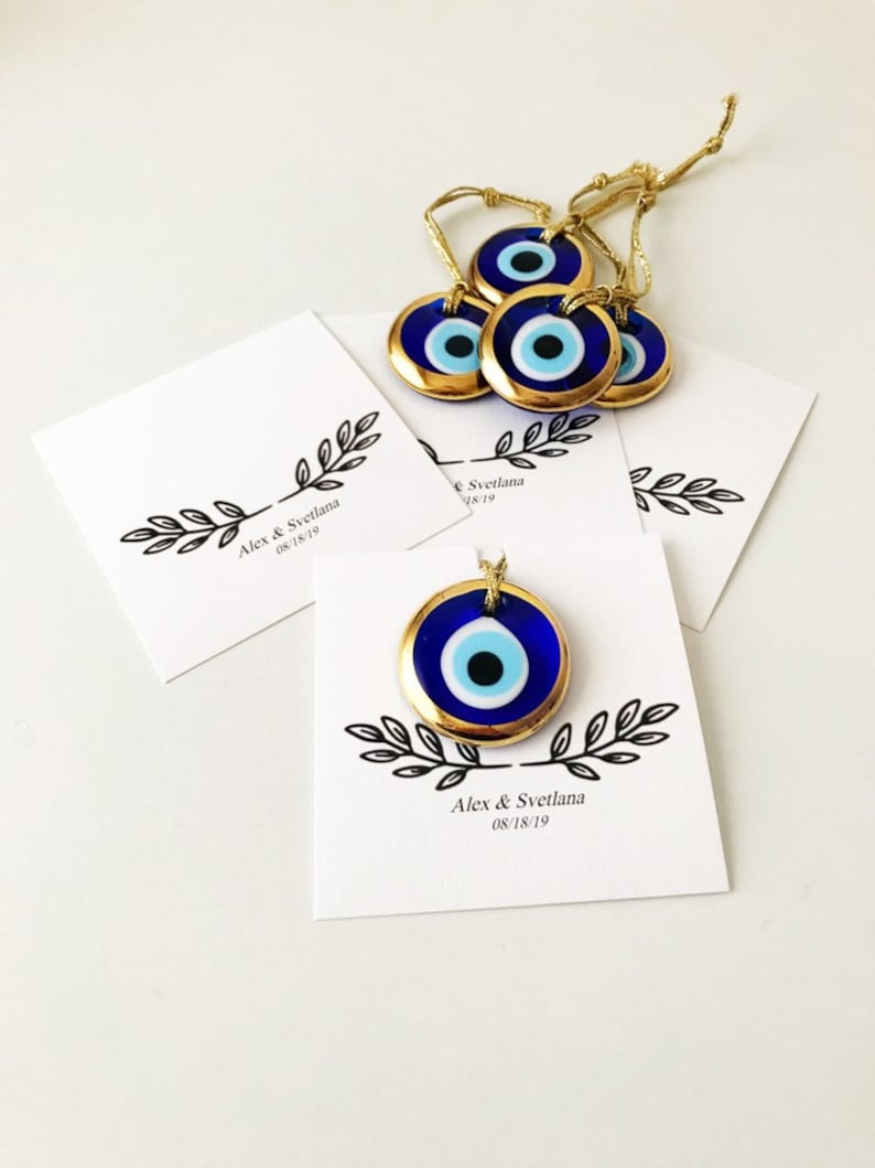 Wedding favors for guests, 100 pc, gold evil eye beads, evil eye wedding favor, greek wedding favors, blue evil eye favor, personalized card image 6