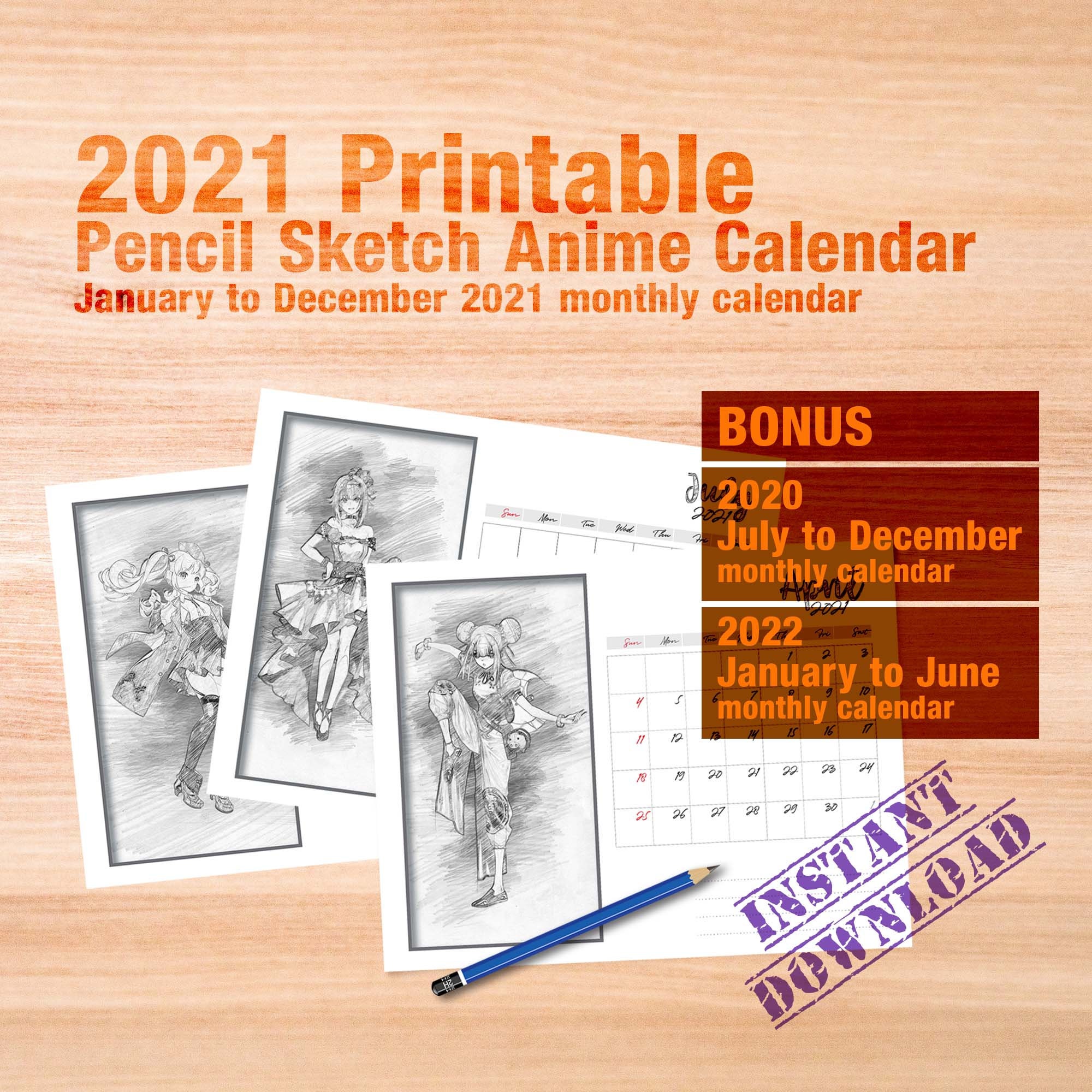 21 Printable Calendar Instant Download Pencil Sketch Anime Etsy