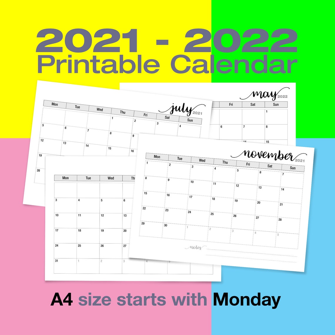 2021 2022 printable calendar instant download simple clean