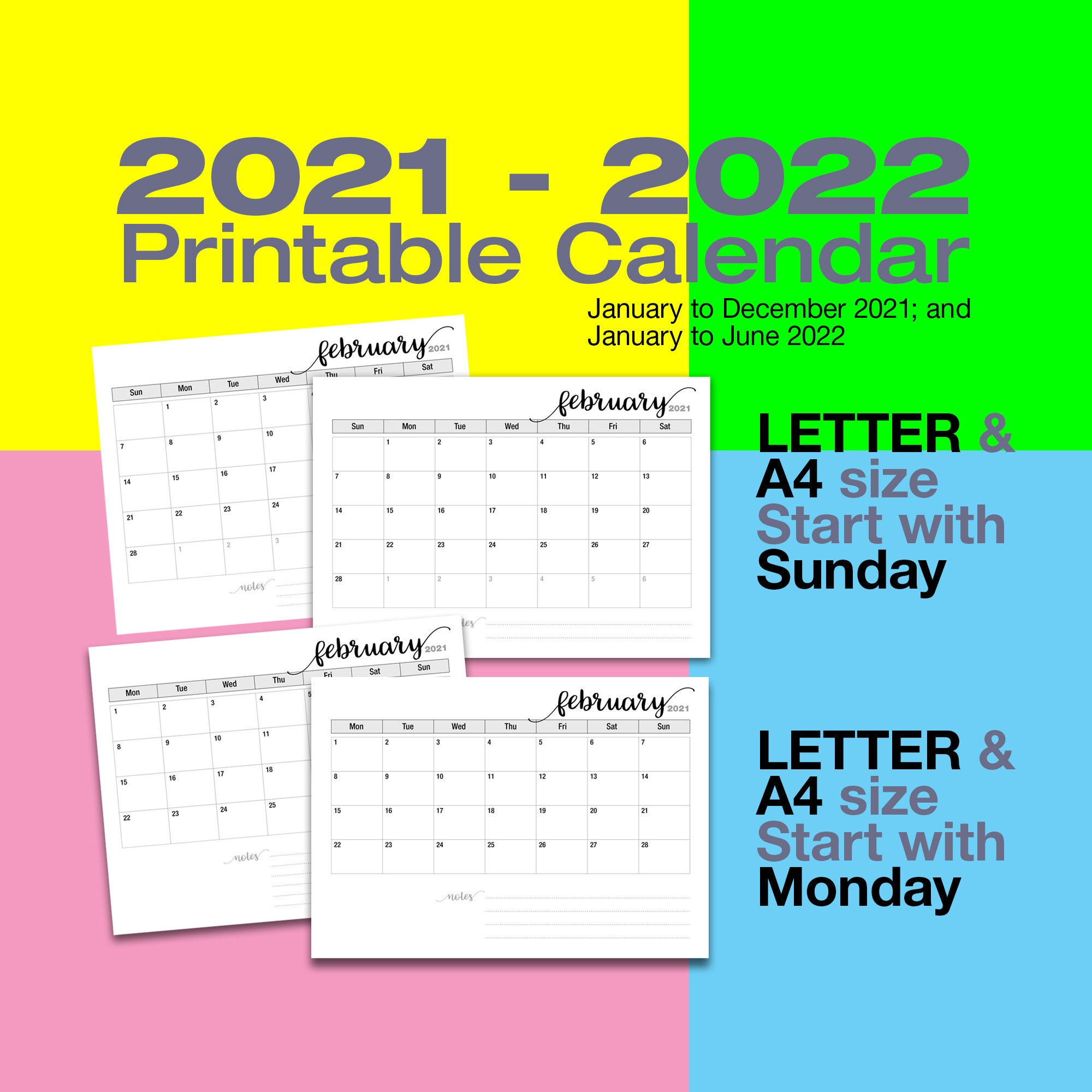 2021 2022 printable calendar instant download simple clean etsy