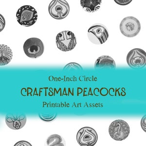 1" Peacock and Feather Circles - Art Jewelry Supplies - 20th Century Arts and Crafts Movement Digital Collage Sheet - DESCARGA INSTANTÁNEA