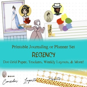 Conjunto de diario "Regency" - 31 páginas imprimibles de la era Jane Austen - A5 o carta - Efímera digital + chatarra de arte - Planificador de orgullo y prejuicio