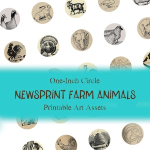 DESCARGA INSTANTÁNEA Hoja de collage digital de animales de granja - Círculos de 1"- Papel de periódico vintage Ovejas, gallos, vacas, cabras, perros, etc. Imágenes para su arte