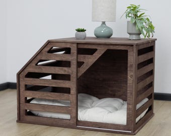 Wooden Dog Crate Furniture | Modern Indoor Pet Crate with Cushion | Personalized Dog & Cat House | Minimalist Pet Furniture
