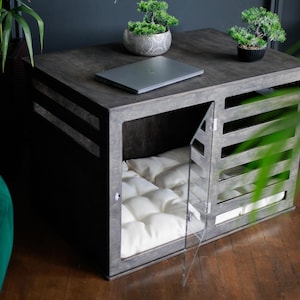 Modern Dog Crate Furniture – Stylish Wooden Pet House with Acrylic Door & Free Personalized Name – 4 Sizes