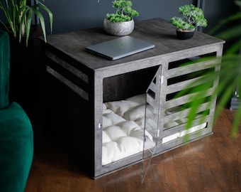 Modern Dog Crate Furniture – Stylish Wooden Pet House with Acrylic Door & Free Personalized Name – 3 Sizes