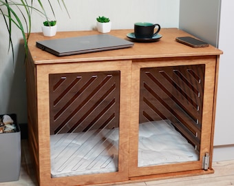 Wooden Dog or Cat Crate | Stylish Pet Furniture with Acrylic Door | Modern Plywood Kennel with Cushion – Handmade