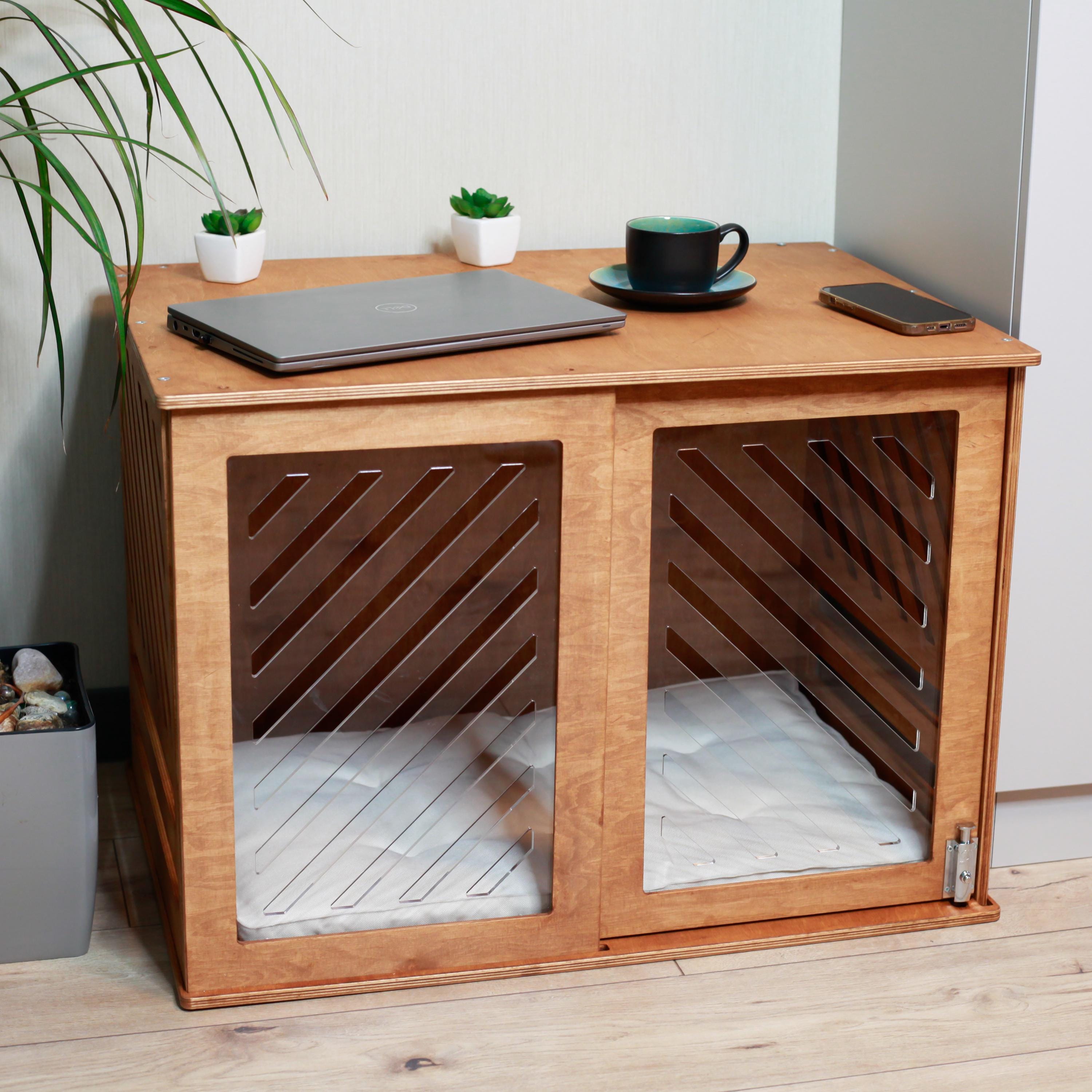 Wooden Dog or Cat Crate Stylish Pet Furniture with Acrylic Door Modern Plywood Kennel with Cushion - Handmade