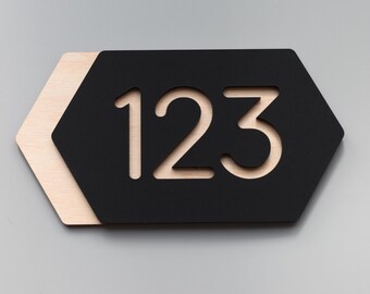 Modern Apartment Number Sign | House Number Plaque | Wood and Black Acrylic Door Sign – Custom Hexagon Design