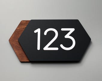 Modern Apartment Door Number Sign | Wood and Acrylic House Number | Custom Flat Number Plaque – Hexagon Design