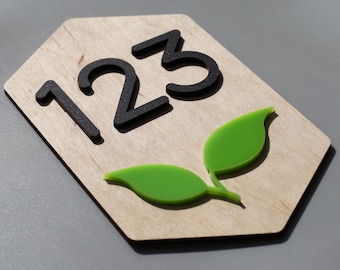 Natural Wood Apartment Number Sign | Eco-Inspired Door Number with Green Leaf | Custom House Number Plaque – Modern Design