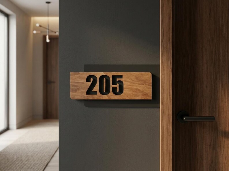 Placa de número de casa de madera personalizada con base de acrílico negro mate – diseño moderno y minimalista imagen 1