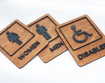 Restroom Sign Made of Plywood with Oil Finish and Acrylic – WOMEN/MEN/DISABLED