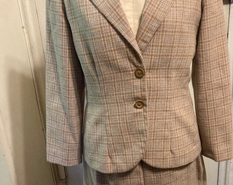 Vintage 1950s Women's Beige Wool Plaid Suit with Skirt and Blazer, Size 10 Petite