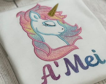 Girls rainbow unicorn embroidered shirt, personalized shirt, Rainbow Shirt, Girls T-shirt, Embroidered Girls Shirt, Unicorn Shirt, Custom