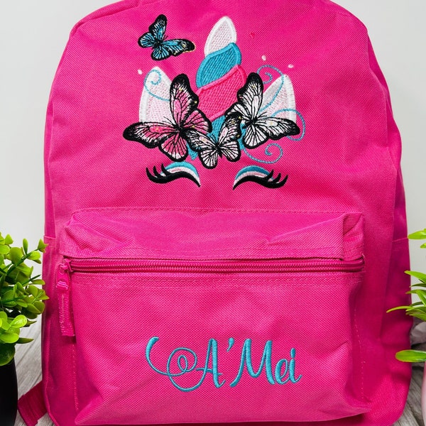 Personalized Girls backpack,  Pink Unicorn Backpack, Back to School, Embroidered Backpack, Name Backpack, Embroidered School bag, Butterfly