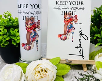 Skinny Tumbler and Journal Set, Stainless Steel Skinny Tumbler, Journal, Sublimation Tumbler, Gifts for Women, Custom Journal, High Heels