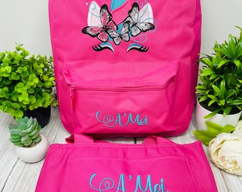 Personalized Girls backpack,  Pink Unicorn Backpack, Lunch bag, Backpack Set, Back to School, Embroidered Backpack, Embroidered School bag,