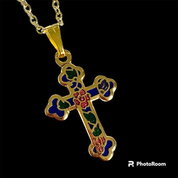 Vintage Cloisonne Maltese Cross Necklace Gold Pla… - image 1