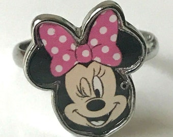 Vintage Disney Minnie Mickey Mouse Ring Size 4 5 Pink Dots Bow Disneyana Signed Inside Pinkie Ring