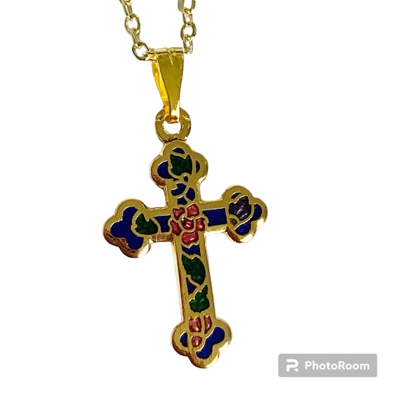 Vintage Cloisonne Maltese Cross Necklace Gold Pla… - image 3