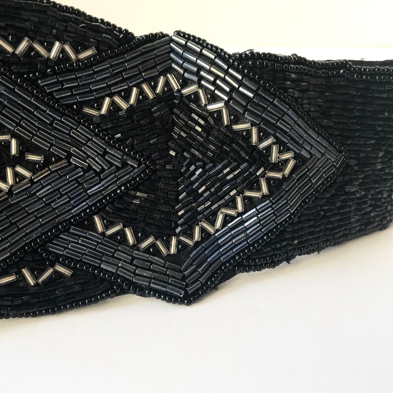 Vintage 90/'s Beaded Black Satin Disco Obi Belt Medium Large Statement Cummerbund