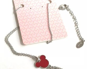 Vintage Disney Cotoure Mickey Mouse Necklace Red Tassel Crystal Silver Plated