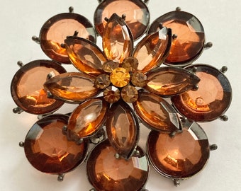 Vintage Amber Brown Glass Raised Flower Brooch Pin Rhinestone Jeweled Cut 2" MCM Retro Fall Thanksgiving Colors Prong Set