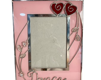 Vintage Pink Glass DANCE Picture Photo Frame Flowers Hearts Girls 3.5X5"