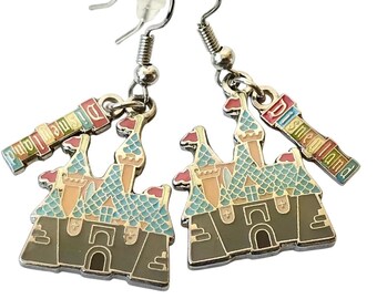 Vintage Disney Cinderella Castle Earrings Disneyana Charm Enamel Signed Charms California Disneyland Park Sleeping Beauty Aurora