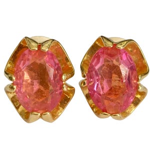 Vintage Fuchsia Pink Glass Clip On Earrings Oval Jeweled Cut Gold Plated Huggie 70&#39;s USA Spring Easter Jewelry