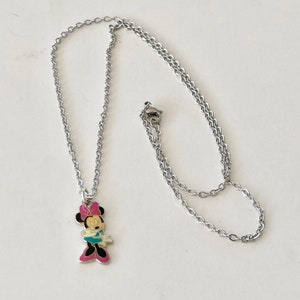 Vintage Disney Minnie Mouse Charm Necklace Pink Bow Enamel Disneyana 18" Stainless steel Chain Signed Charms image 5