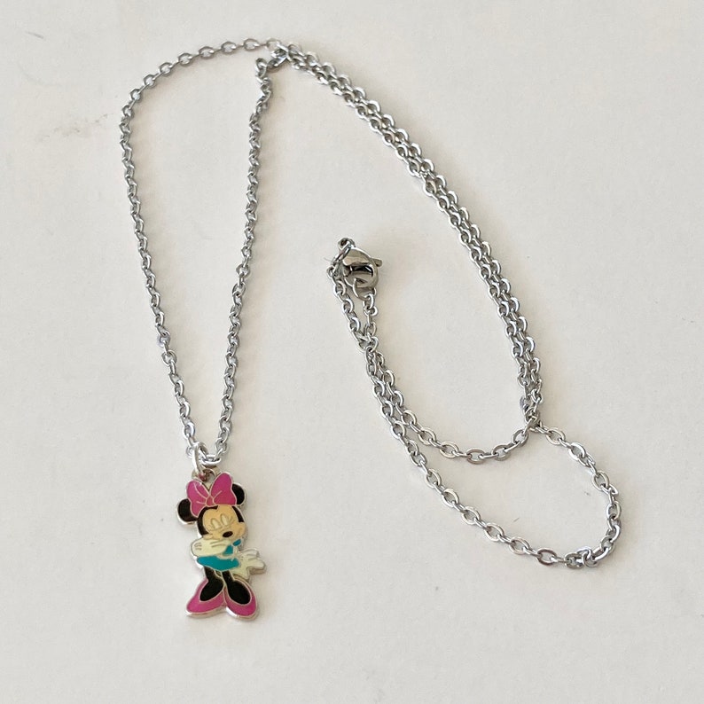 Vintage Disney Minnie Mouse Charm Necklace Pink Bow Enamel Disneyana 18" Stainless steel Chain Signed Charms image 5