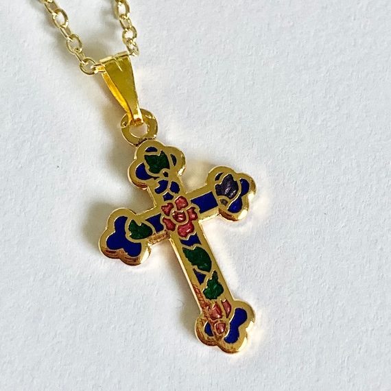 Vintage Cloisonne Maltese Cross Necklace Gold Pla… - image 4