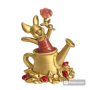 Vintage Disney Piglet Pin Brooch Winnie the Pooh Flower Pot Gold Tone Signed