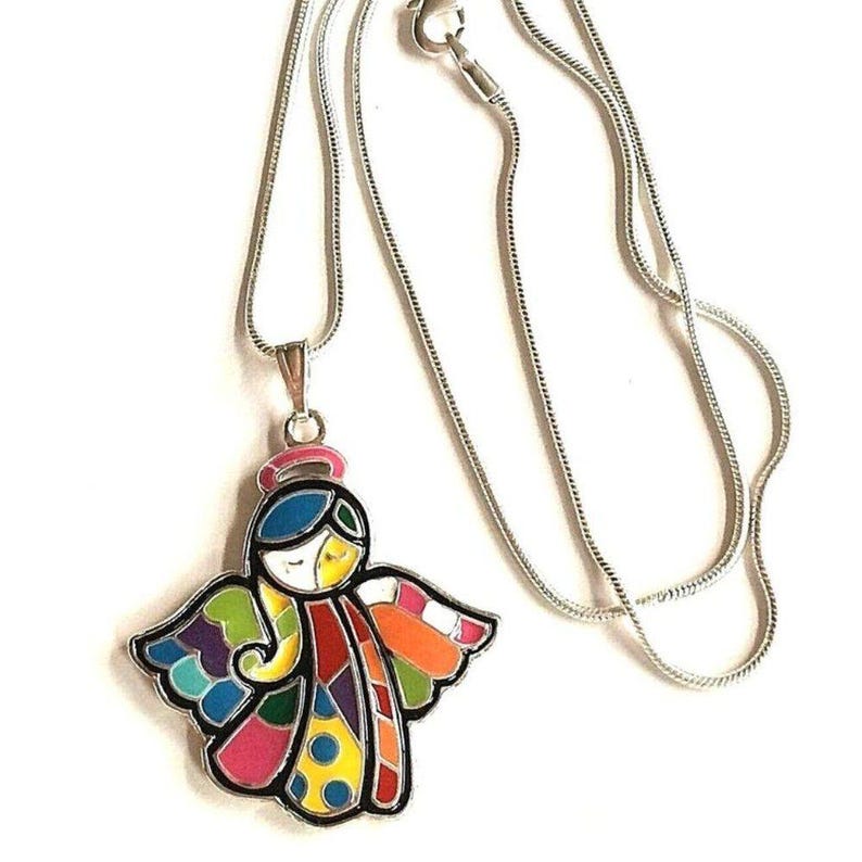 Vtg Pop Art Angel Necklace 18" Patchwork Pendant Multicolor Enamel Silver Plated image 6