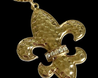 Vintage Fleur de Lis Pendant Necklace Gold Plated 24" BIG Statement Mardi Gras New Orleans Nola