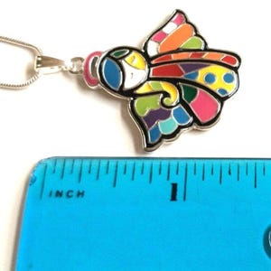 Vtg Pop Art Angel Necklace 18" Patchwork Pendant Multicolor Enamel Silver Plated image 8