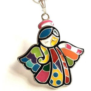 Vtg Pop Art Angel Necklace 18" Patchwork Pendant Multicolor Enamel Silver Plated image 1