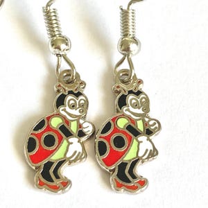 Vintage Disney Francis Ladybug Earrings It&#39;s a Bugs Life Charm Dangle Red Enamel Signed Charms