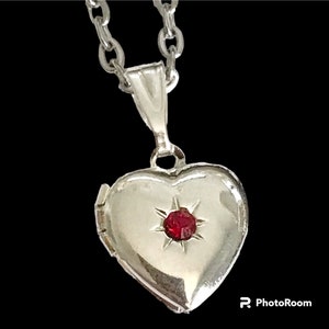 Vintage Silver Heart Locket Necklace Dainty Small Charm 18" Plated Red Stone
