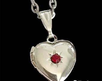 Vintage Silver Heart Locket Necklace Dainty Small Charm 18" Plated Red Stone