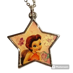 Vintage Disney Tinker Bell Rosetta Charm Necklace 18&quot; Chain Fairy Silver Tone